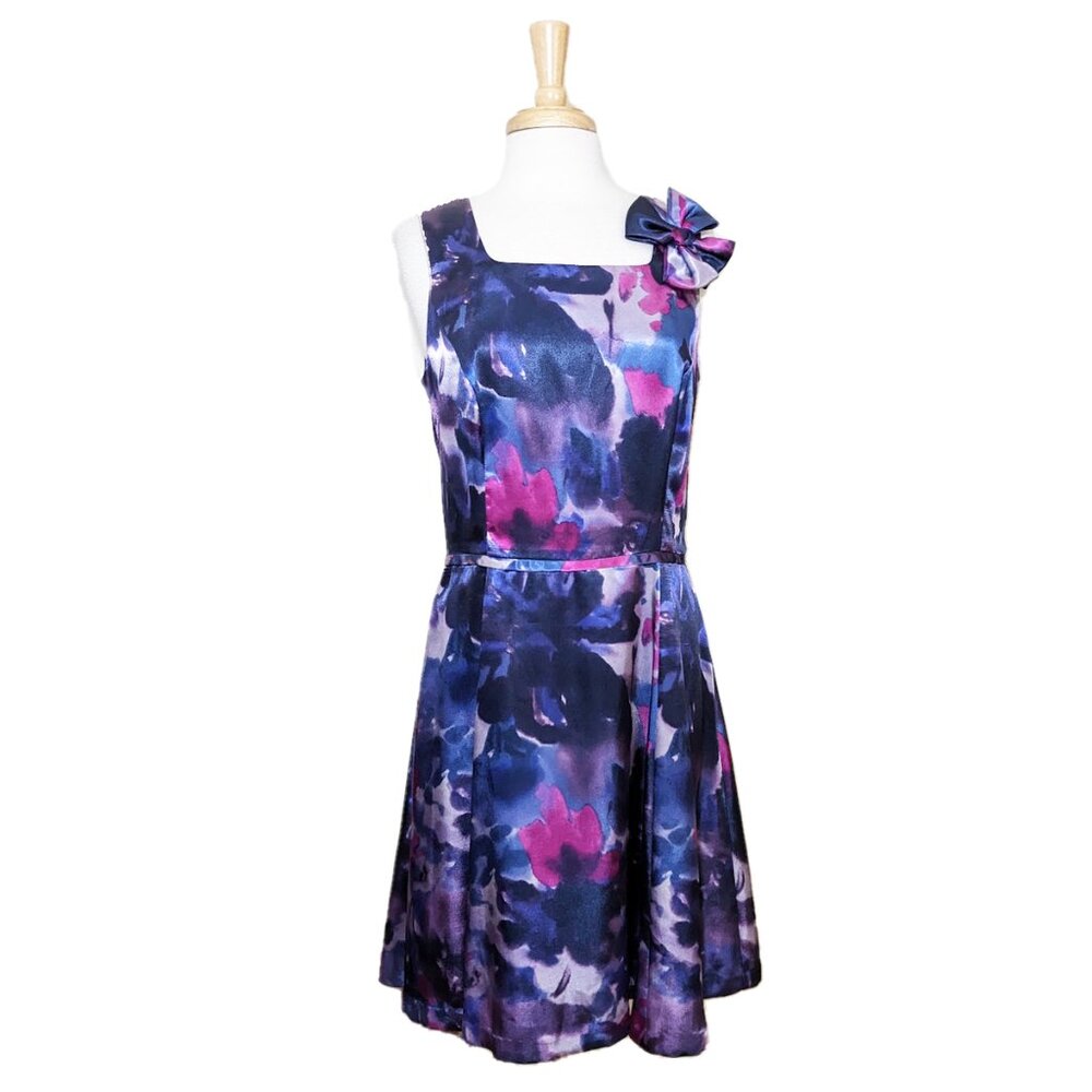 CHETTA B Fit & Flare Watercolor Party Dress w/ Shoulder Cockade